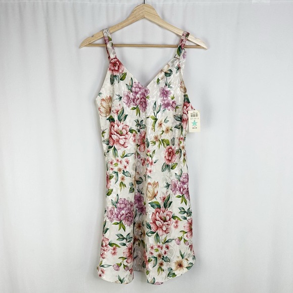 Vintage Kathryn Slip Dress Mini Satin Floral Print Ivory Pink Deadstock M NWT - Picture 1 of 4
